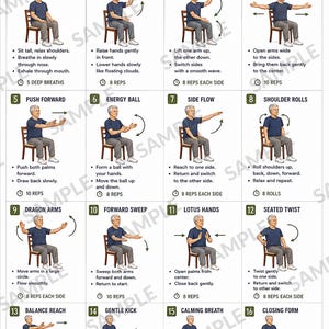 May include: An instructional poster titled CHAIR TAI CHI FOR OLDER MEN featuring sixteen numbered illustrations of a person in a blue shirt and gray pants performing seated exercises on a wooden chair, with text descriptions and repetition counts.