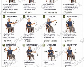 Chair Tai Chi for Seniors Printable, 16 Gentle Seated Movements for Older Men, Balance Mobility & Wellness Chart, Printable PDF