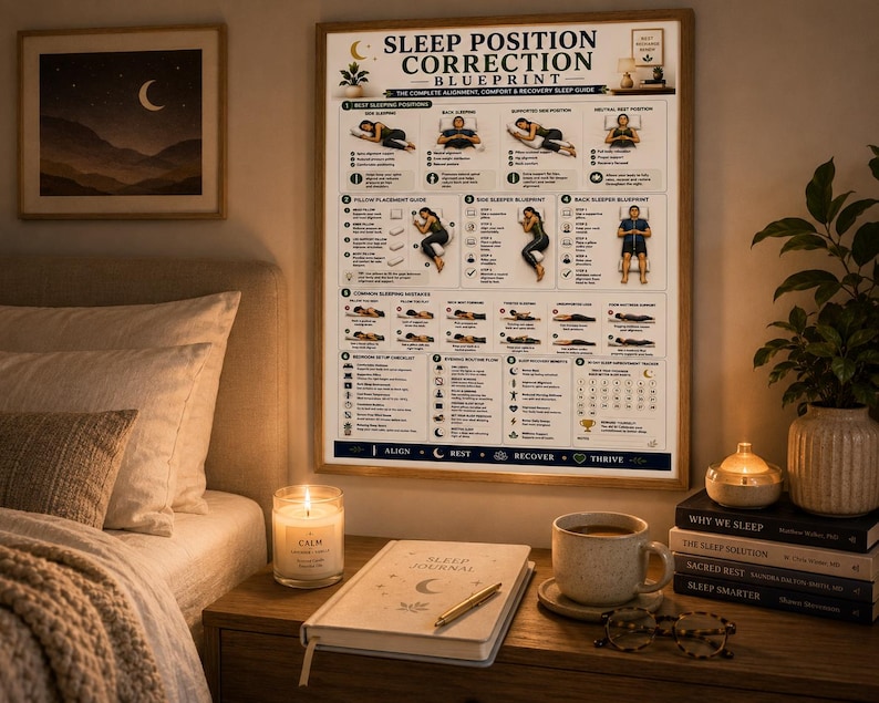 Sleep Position Correction Poster, Printable Better Sleep Alignment Guide, Bedroom Wall Art, Pillow Placement & Posture Chart, A4 US Letter