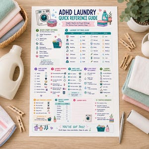 ADHD Laundry Quick Reference Guide | Washer & Dryer Settings Cheat Sheet | Executive Dysfunction Cleaning Printable