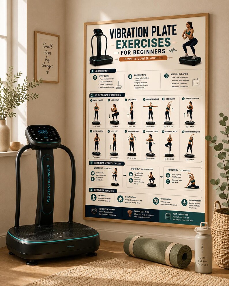 Vibration Plate Workout Bundle, 8 Printable Exercise Posters, Whole Body Fitness Wall Art, Beginner to Advanced Guide, A4 US Letter Download