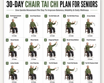 30 dagen stoel tai chi-plan voor senioren, zittende tai chi-uitdaging afdrukbaar, balans kunst aan de muur senioren, dagelijkse wellnessgids, A4 US Letter
