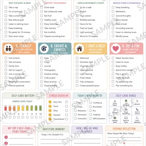 May include: A Self-Care Menu Planner checklist featuring eight categorized sections including Rest, Nourish, Move, Calm, Connect, Create, Space, and Joy. The document includes a self-care battery tracker, stress check-in, bingo grid, and reflection prompts.