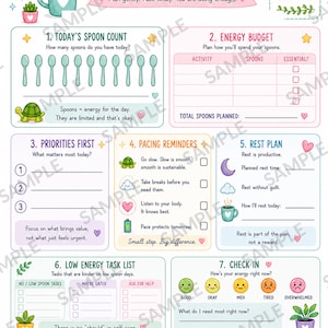 May include: A Spoon Theory Energy Planner page featuring sections for daily spoon counts, energy budgets, priorities, pacing reminders, rest plans, low energy tasks, and check-ins, decorated with colorful illustrations of a sun, clouds, and plants.