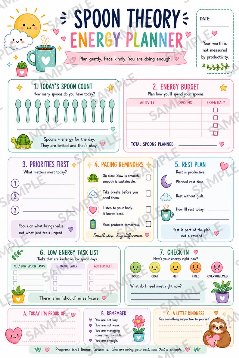 May include: A Spoon Theory Energy Planner page featuring sections for daily spoon counts, energy budgets, priorities, pacing reminders, rest plans, low energy tasks, and check-ins, decorated with colorful illustrations of a sun, clouds, and plants.
