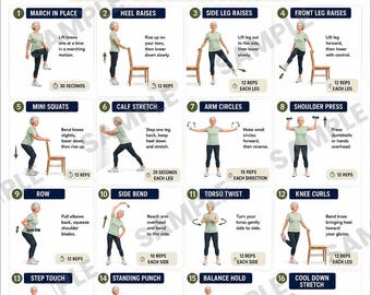 16 Standing Exercises for Seniors, Strength Balance Fall Prevention Workout, Active Aging Chair Assisted Fitness Poster PDF