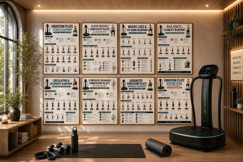 Vibration Plate Workout Bundle, 8 Printable Exercise Posters, Whole Body Fitness Wall Art, Beginner to Advanced Guide, A4 US Letter Download