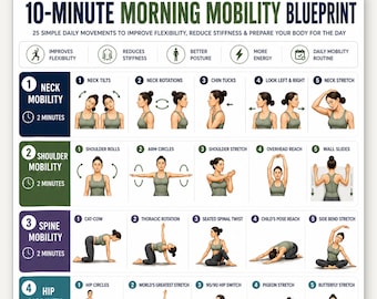Poster per la mobilità mattutina, 25 esercizi di stretching quotidiani stampabili, decorazione murale per esercizi di flessibilità, guida alla routine di mobilità, download in formato A4 e US Letter.