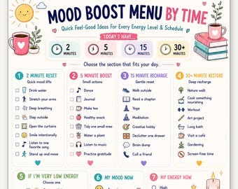 以下が含まれることがあります： 2分から30分以上の所要時間別にアクティビティを分類したMood Boost Menu by Timeの印刷可能なチャート。カラフルなアイコン、チェックボックス、気分やエネルギーレベルを記録するためのセクションが、クリーム色の背景にデザインされています。