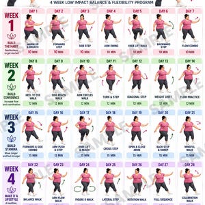 Op de afbeelding: Een 28-daagse wandel Tai Chi gewichtsverlies uitdaging schema voor vrouwen. Het document bevat een raster met dagelijkse oefenillustraties, elk met een persoon in een roze shirt en grijze legging die bewegingen uitvoert, met tijdsduur van 10 tot 20 minuten.