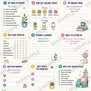 Könnte beinhalten: Eine Seite eines Weekly Reset & Growth Planners mit zehn Abschnitten zur Selbstreflexion, einschließlich Stimmungs- und Energie-Trackern, Dankbarkeitsübungen und Zielsetzungen. Das Layout ist mit Illustrationen von Pflanzen, Tassen und Kerzen verziert.