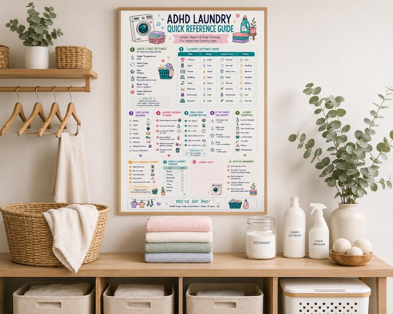 ADHD Laundry Quick Reference Guide | Washer & Dryer Settings Cheat Sheet | Executive Dysfunction Cleaning Printable