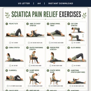 Sciatica Pain Relief Exercises Poster, 16 Stretches Printable, Lower Back Wall Art, Physical Therapy Guide, A4 A5 US Letter