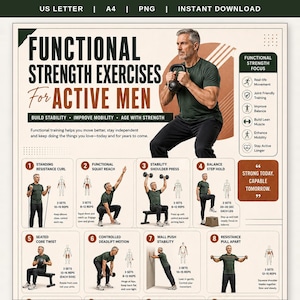 Exercises for Older Men Printable, Functional Strength Training for Seniors, Senior Workout Chart, Balance & Mobility Exercises