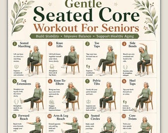 Seated Core Exercises for Seniors, Chair Ab Workout Printable, Senior Fitness Poster, Balance & Stability Exercises PDF