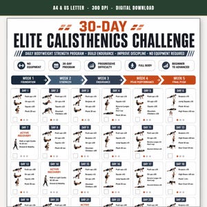 May include: A 30-day elite calisthenics challenge digital download chart on A4 and US letter paper. The white document features black and orange text, icons, and daily exercise routines including push-ups, sit-ups, squats, and planks for fitness.
