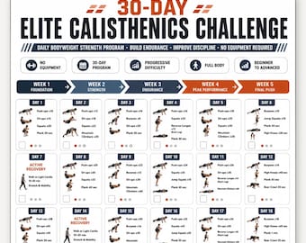 30-daagse calisthenics-uitdaging voor mannen, een complete workout voor het hele lichaam met alleen lichaamsgewicht, zonder apparatuur, een fitnessprogramma voor thuis, een printbaar PDF-bestand.