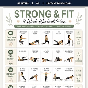Strong & Fit 4 Week Workout Plan for Women, Printable Home Workout Poster, Full Body Toning Exercise Chart, Beginner Wall Art PDF