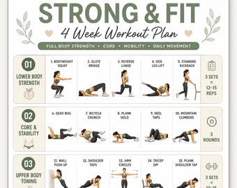 Strong & Fit 4 Week Workout Plan for Women, Printable Home Workout Poster, Full Body Toning Exercise Chart, Beginner Wall Art PDF