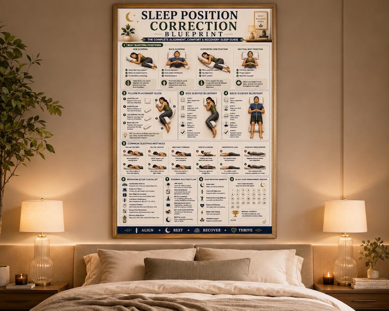 Sleep Position Correction Poster, Printable Better Sleep Alignment Guide, Bedroom Wall Art, Pillow Placement & Posture Chart, A4 US Letter
