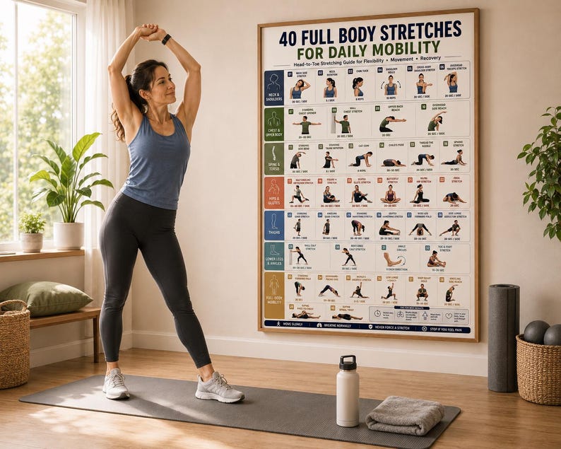 Static Stretch Routine Full Body Stretching Poster Printable, 40 Stretches Mobility ...