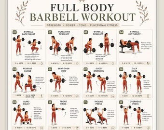 Poster stampabile per allenamento completo con bilanciere, tabella di esercizi con bilanciere in PDF, guida all'allenamento della forza, allenamento in palestra a casa, formato A4 US Letter