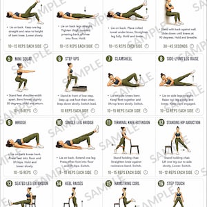 May include: A white informational poster titled 16 Gentle Knee Exercises for Strong and Stable Knees. It features sixteen numbered illustrations of a person in dark green athletic wear performing various physical therapy movements with text instructions.