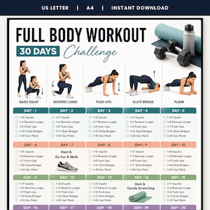 May include: A 30-day full body workout challenge chart featuring illustrations of squats, lunges, push-ups, glute bridges, and planks. The document includes daily exercise checklists, labelled US Letter and A4 sizes, and is available as an instant download.