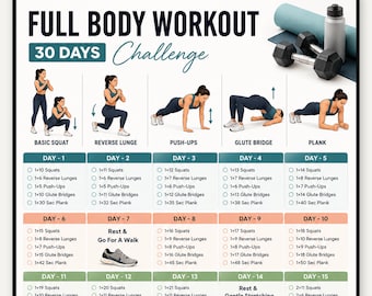 Sfida di allenamento total body di 30 giorni: rafforza gambe, braccia e addominali, esercizi a corpo libero senza attrezzi, calisthenics per il fitness a casa per donne (PDF).