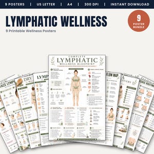 May include: A bundle of 9 printable educational posters titled Lymphatic Wellness, featuring a central Complete Lymphatic Wellness Blueprint chart with anatomical diagrams, text, and illustrations of the human body in shades of green and beige.