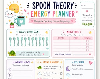 Pianificatore energetico Spoon Theory / Stampabile per persone con malattie croniche e disturbi dello stomaco / Monitoraggio della stanchezza da ADHD / Pianificatore di auto-cura per la gestione del ritmo / Giornate con basso consumo di cucchiai