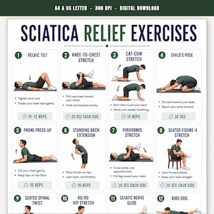 Ejercicios para aliviar la ciática, 16 estiramientos suaves para el dolor lumbar y del nervio ciático, tabla de movilidad del piriforme y la cadera, PDF imprimible