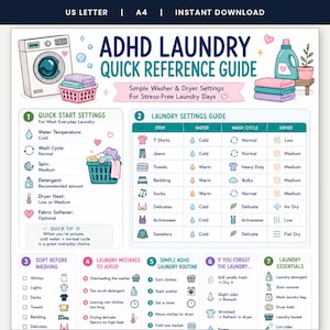 Peut inclure: Un guide de référence rapide pour la lessive ADHD sous forme de document numérique illustré avec une machine à laver, des paniers à linge et du détergent. Il contient des tableaux de réglages, des conseils et des instructions.