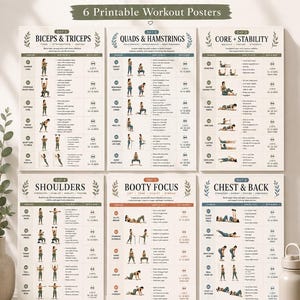 May include: A set of six printable workout posters titled HOME WORKOUT PLAN, featuring exercise routines for biceps, triceps, quads, hamstrings, core, stability, shoulders, booty, chest, and back with illustrations and instructions for each.