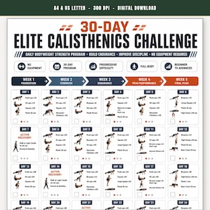 May include: A 30-day elite calisthenics challenge digital download chart on A4 and US letter paper. The white document features black and orange text, icons, and daily exercise routines including push-ups, sit-ups, squats, and planks for fitness.
