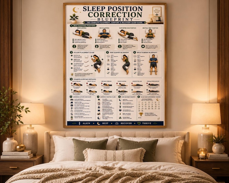 Sleep Position Correction Poster, Printable Better Sleep Alignment Guide, Bedroom Wall Art, Pillow Placement & Posture Chart, A4 US Letter