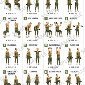 May include: A workout chart titled SENIOR WOMEN DUMBBELL WORKOUT featuring sixteen numbered illustrations of a person in a green tank top and leggings performing various dumbbell exercises, with text labels for each movement and repetition counts.
