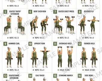 Pode incluir: Um quadro de exercícios intitulado SENIOR WOMEN DUMBBELL WORKOUT com dezasseis ilustrações numeradas de uma pessoa com camisola sem mangas e leggings verdes a realizar exercícios com halteres, com etiquetas para cada movimento.