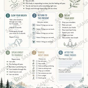 Puede incluir: Una hoja de trabajo Panic Calm Action Guide con seis pasos numerados para el anclaje, que incluye ejercicios de respiración, conciencia sensorial y técnicas de relajación. El documento contiene texto, iconos y una ilustración de un paisaje montañoso.
