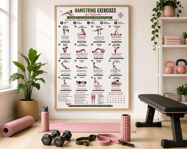 Hamstring Stretch PDF, Hamstring Exercises, Leg Stretching Workout, Lower Body Exercises, Flexibility Poster, Home Fitness Wall Art