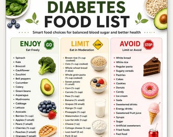 Lista degli alimenti per diabetici stampabile / Tabella dietetica per diabetici adatta a chi soffre di glicemia bassa / Guida agli alimenti integrali da limitare ed evitare