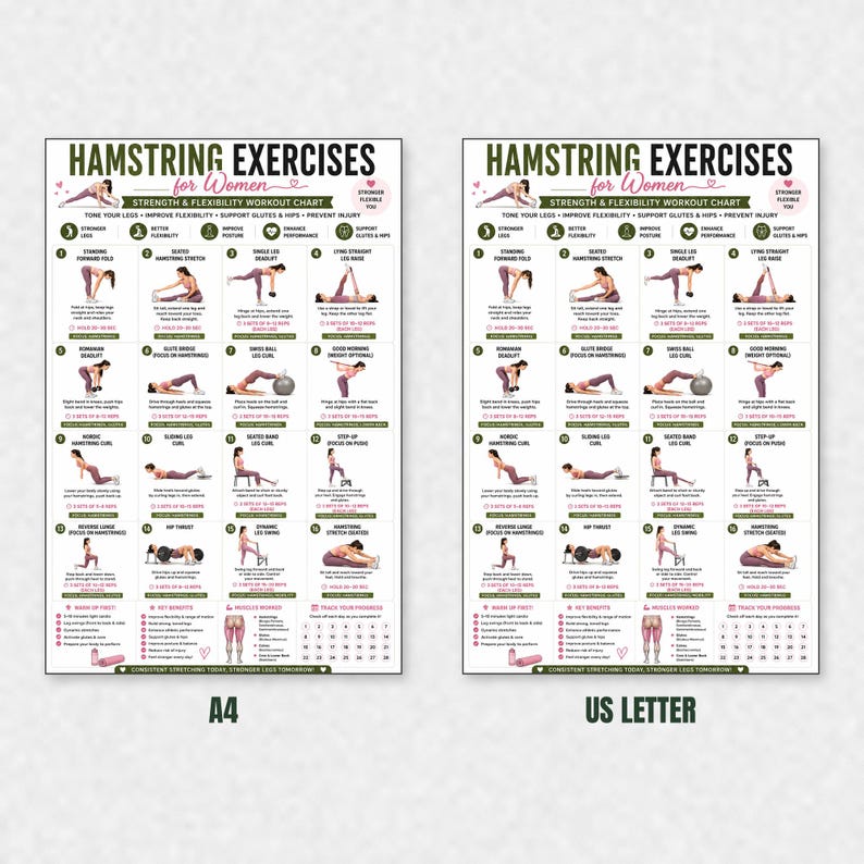 Hamstring Stretch PDF, Hamstring Exercises, Leg Stretching Workout, Lower Body Exercises, Flexibility Poster, Home Fitness Wall Art