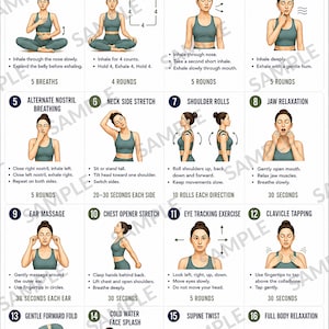 以下が含まれることがあります： Vagus Nerve Reset Exercisesと題された説明用ポスター。ティールカラーのスポーツウェアを着た人物が、様々な呼吸法、ストレッチ、リラクゼーションのテクニックを行っている様子を描いた16個の番号付きイラストと、それに対応する説明文が記載されています。