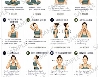 May include: An instructional chart titled Vagus Nerve Reset Exercises featuring sixteen numbered illustrations of a person in teal athletic wear performing various breathing, stretching, and relaxation techniques with accompanying text instructions.