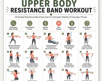 Poster con esercizi per la parte superiore del corpo con elastici di resistenza, 20 esercizi stampabili per la palestra di casa, guida fitness per forza e mobilità, download immediato.