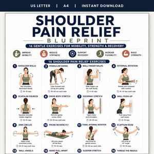 Shoulder Pain Relief Exercises, 16 Exercises Printable, Rotator Cuff Recovery Wall Art, Physical Therapy Stretches Guide, A4 US Letter