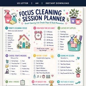 Focus Cleaning Session Planner, ADHD Cleaning Sprint Checklist, Executive Dysfunction Declutter Printable, Overwhelm Reset Home Tool