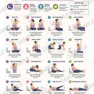 May include: An instructional poster titled PRE-BED WORKOUT 16 Gentle Evening Stretches. It features sixteen numbered illustrations of a person performing various yoga-style stretches, accompanied by text instructions, time durations, and icons.