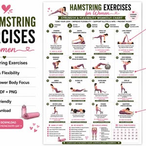 Hamstring Stretch PDF, Hamstring Exercises, Leg Stretching Workout, Lower Body Exercises, Flexibility Poster, Home Fitness Wall Art