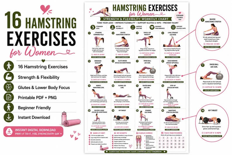 Hamstring Stretch PDF, Hamstring Exercises, Leg Stretching Workout, Lower Body Exercises, Flexibility Poster, Home Fitness Wall Art